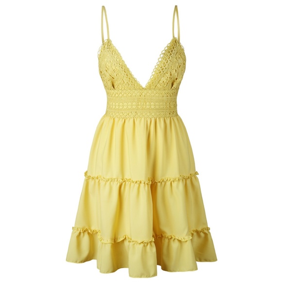 Open back lace top tiered yellow summer dress - Picture 5 of 6